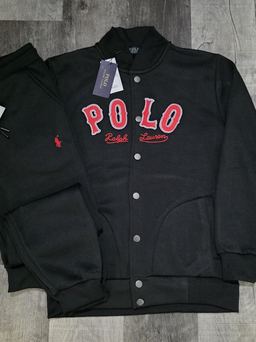 Polo by Ralph Lauren Men's Black Varsity Jacket with Red Logo
